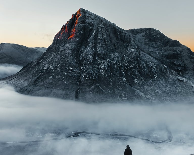 a person standing on a mountain top with a mountain in the background