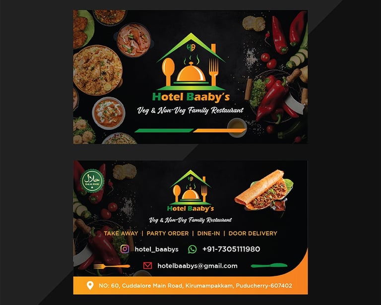 Business card for Spice Garden Restaurant featuring a minimalist black background with gold text