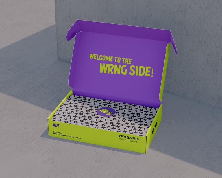 Mockup of box packaging for the WRNG brand