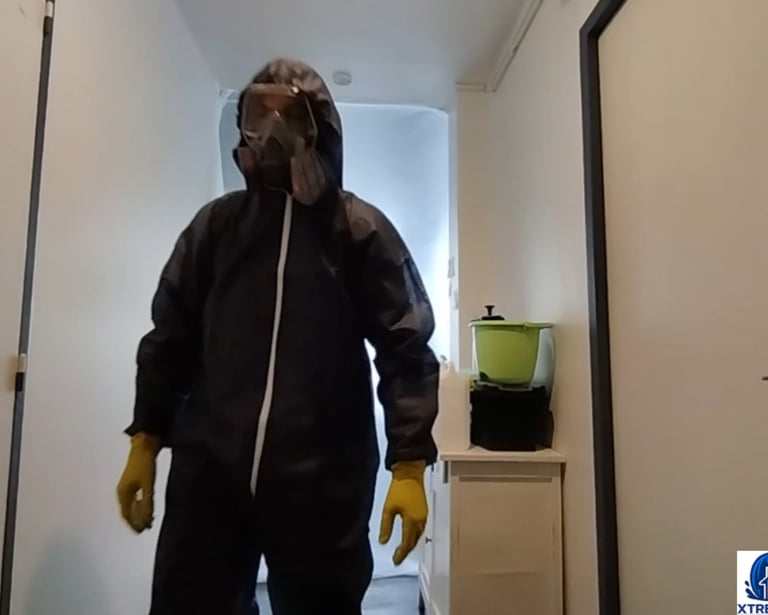Opérateur XTREM Wash en combinaison réalisant une intervention post‑mortem avec désinfection techniq