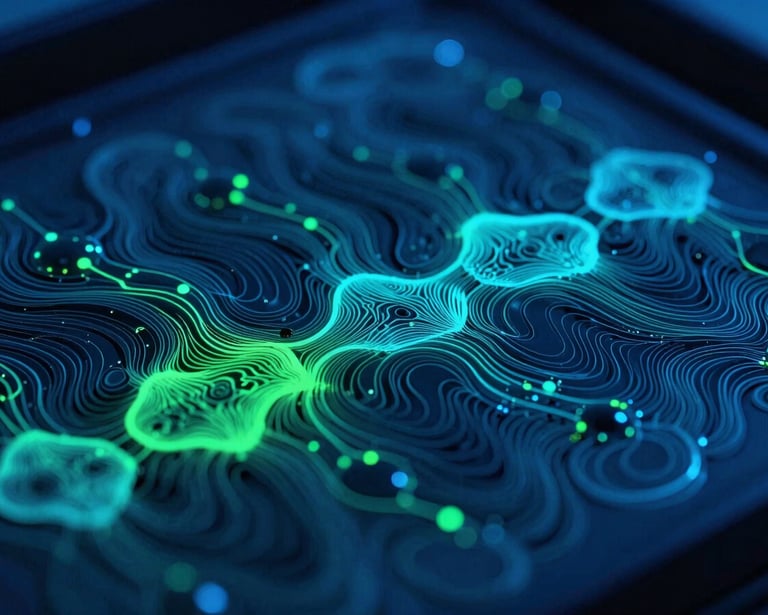 Macro close-up of chaotic, low-frequency resonance patterns in liquid crystalline structures, dark-mode laboratory, harsh blue light, high contrast, representing data noise.