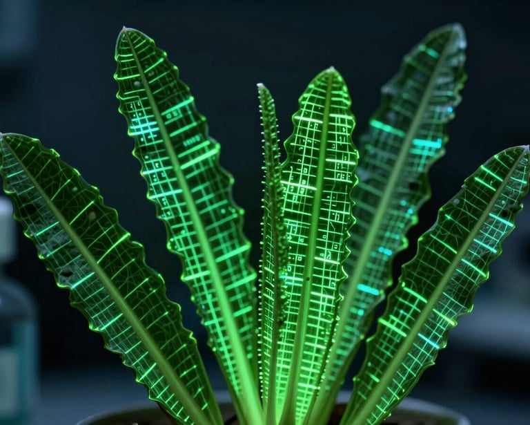Extreme macro close-up of pristine, high-altitude botanical specimens under harsh macro lenses, glowing with precise neon-green data-grid lines, dark, clinical background, representing pure source code.