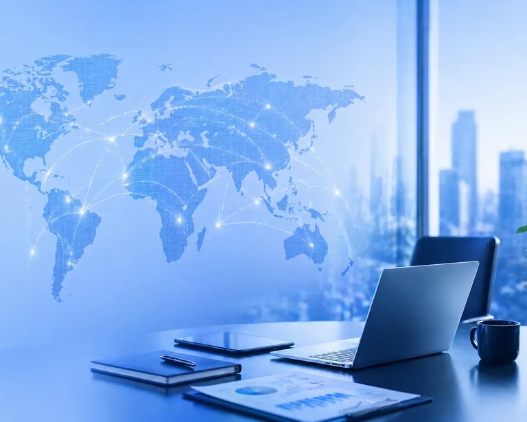 Modern office setup with global business analytics screen representing international market expansion