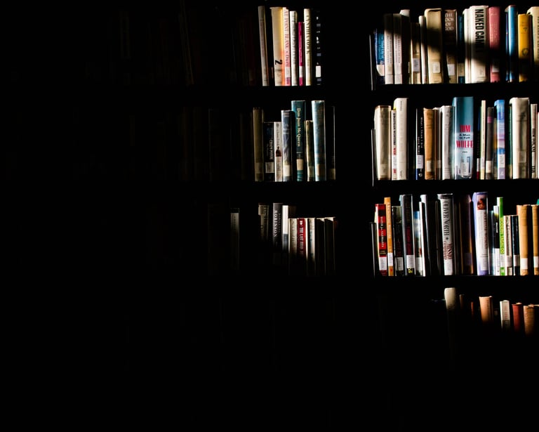A dimly lit bookshelf filled with various hardcover and paperback books, showcasing a vintage library or study ambiance
