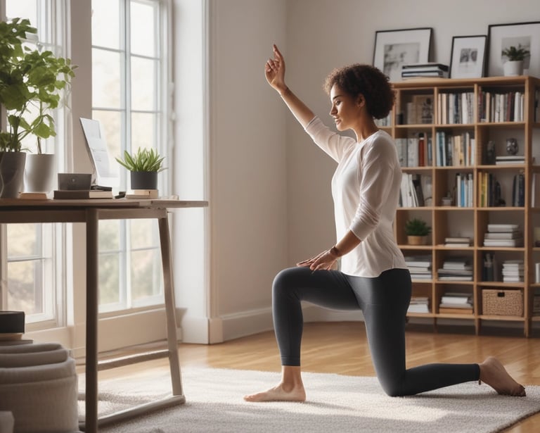Bright living room with women completing stretches