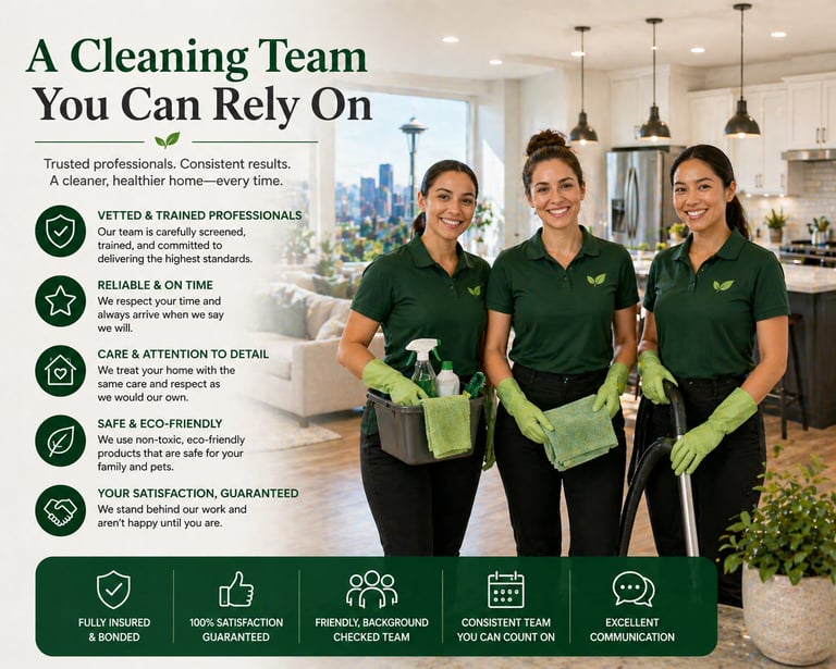 Professional house cleaning team in green uniforms offering eco-friendly residential maid services.