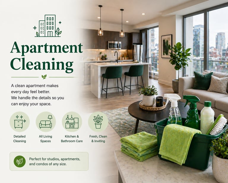 Professional apartment cleaning services showing a modern kitchen, living room, and green cleaning supplies.