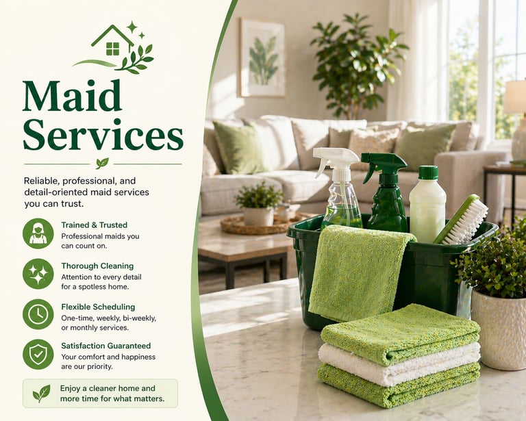 Maid services advertisement featuring cleaning supplies and towels in a modern bright living room.