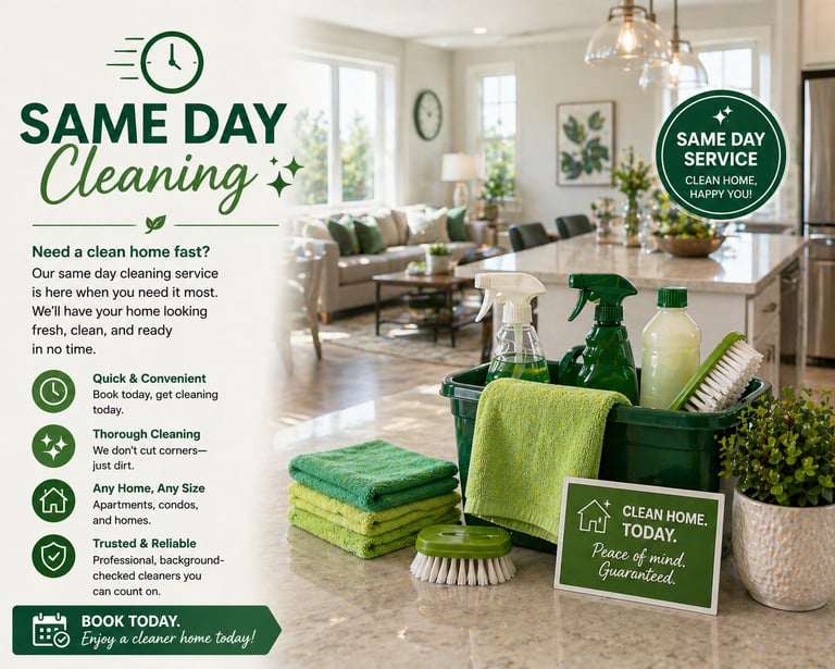 Professional same day cleaning service advertisement featuring green eco-friendly supplies in a bright kitchen.