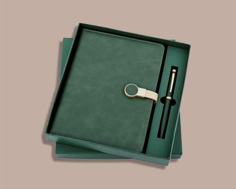 Sleek new joinee kit showcasing an emerald green tech organizer diary and premium pen.
