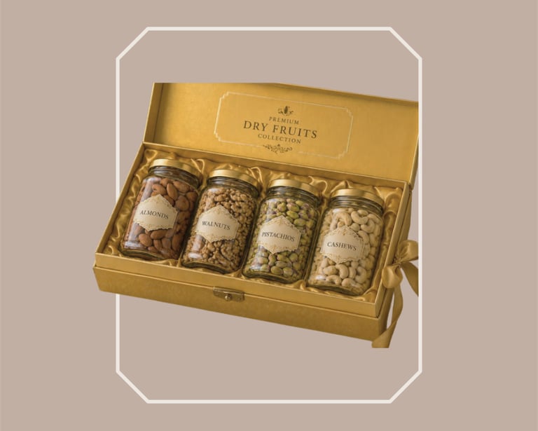Sophisticated gourmet food hamper with almonds, walnuts, pistachios, and cashews.