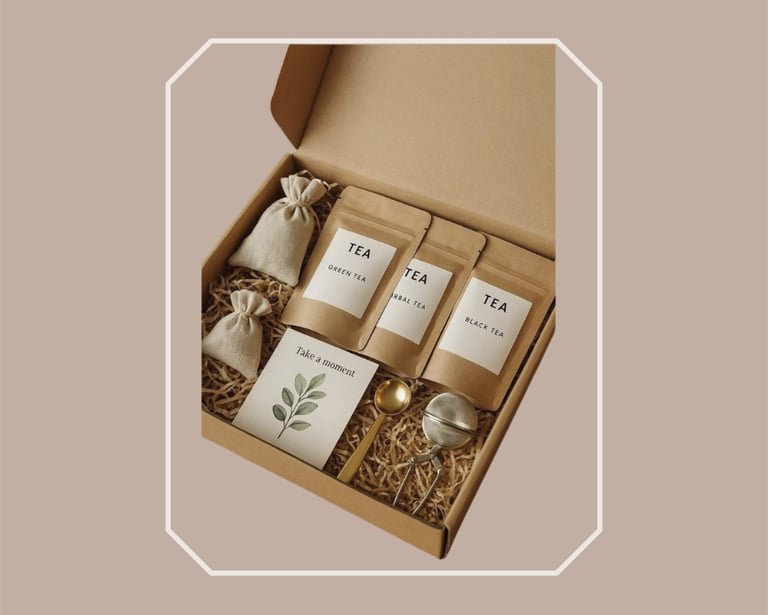 Tea ritual kit inside a cardboard gourmet food hamper box with a golden infuser.