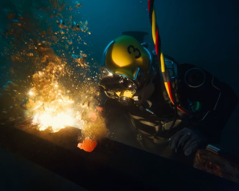 Professional commercial diver performing underwater welding with bright sparks and air bubbles.