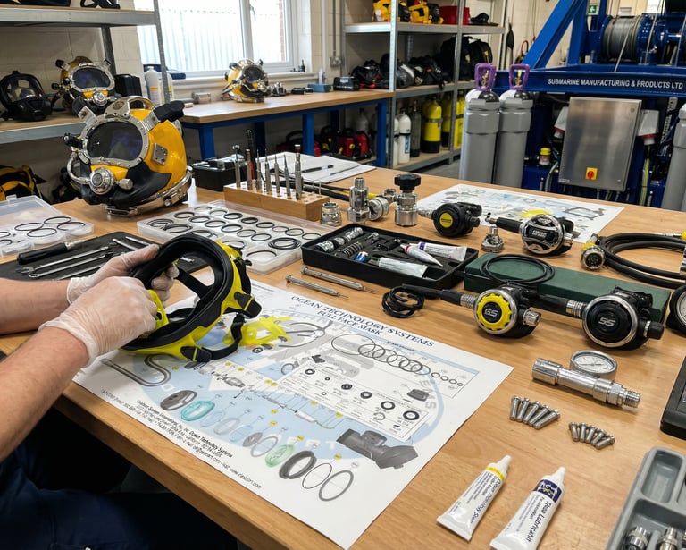 Technician in a workshop performing maintenance on a yellow diving full face mask and regulator equipment.