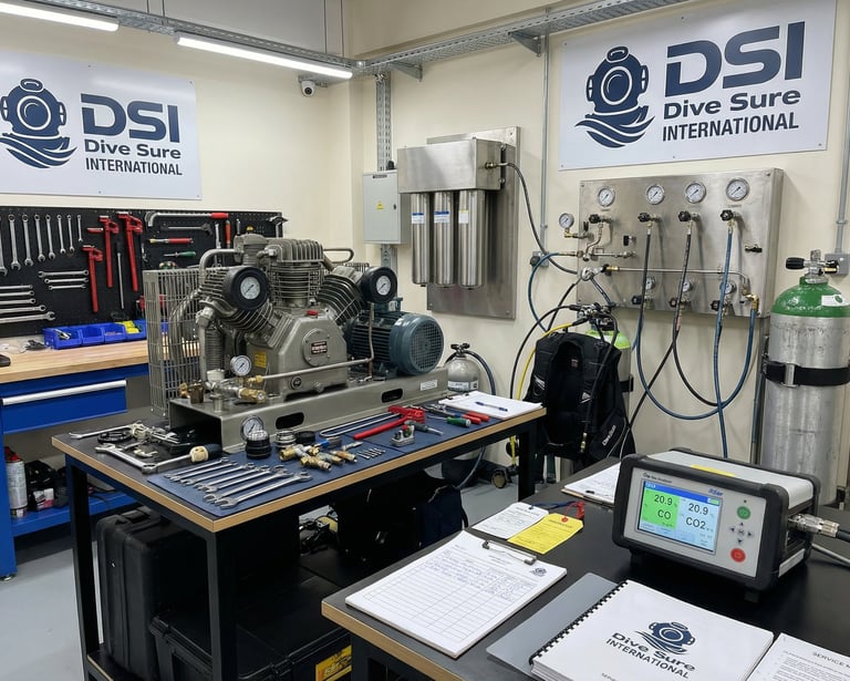 Scuba diving air compressor and gas analysis equipment at the Dive Sure International service station.