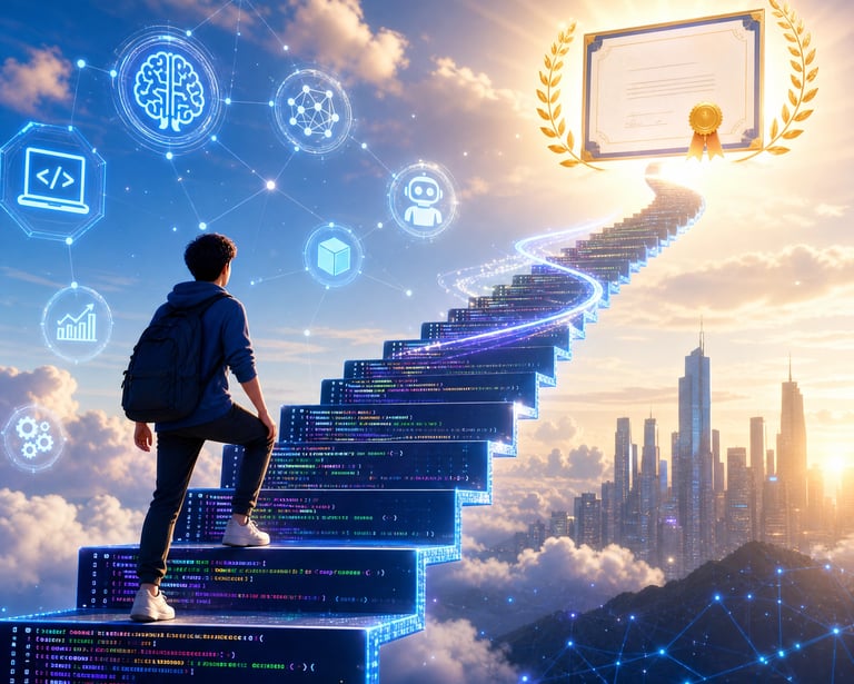 A student climbs a digital staircase of code toward an AI certification against a futuristic city skyline.