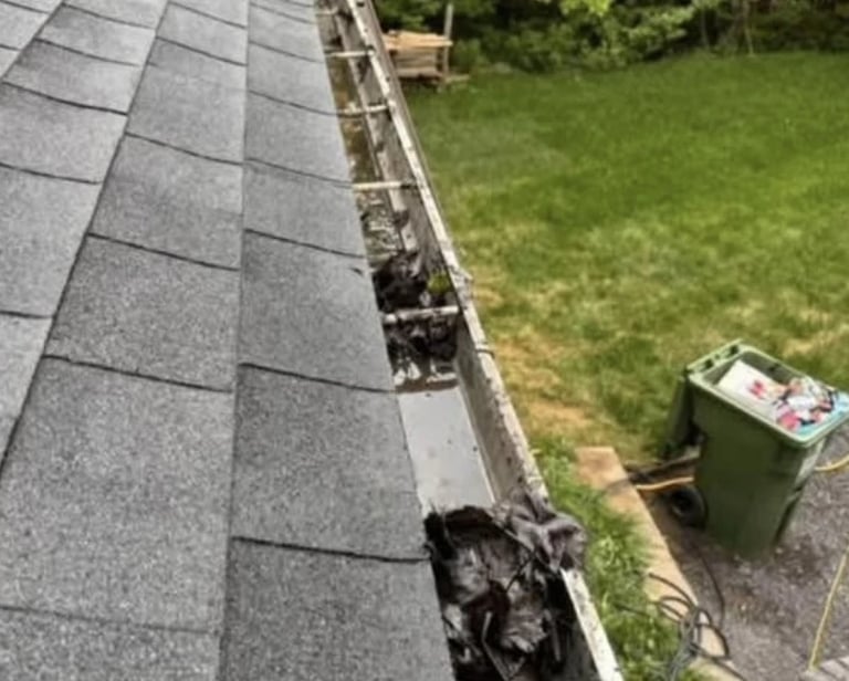 Gouttières pleines de feuilles entrain de se faire déboucher