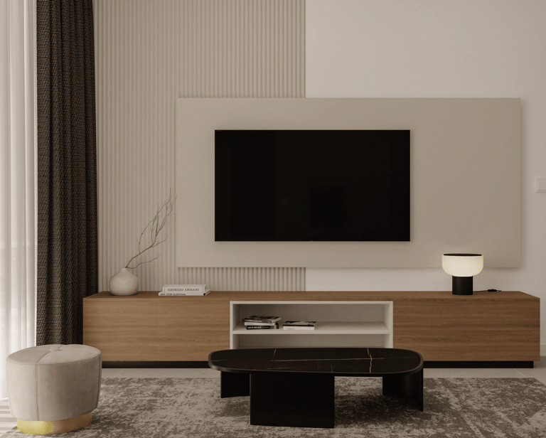 a living room with a television and a couch | Visuals interior design Malta 