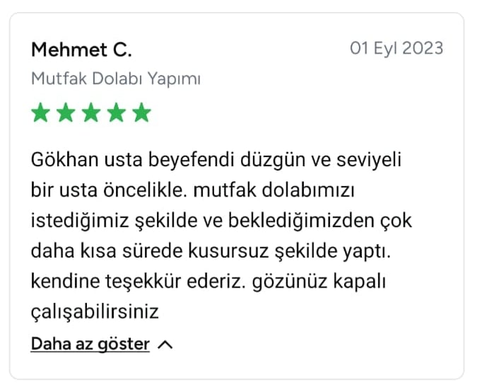 Mehmet mutfak dolabı yapımı için Evaloft yapı dekorasyona 5 yıldız verdi