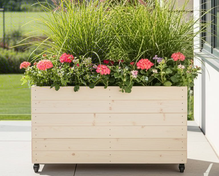 large wooden planter on wheels custom made flower box with castors wooden trough handmade in uk screening patio garden 