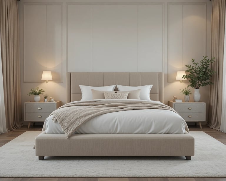 Dormitorio moderno y acogedor con cama y mesillas tapizadas en tonos beige y decoración neutra.