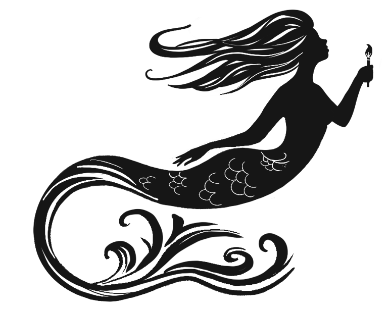 Black silhouette of a mythical mermaid swimming with long flowing hair holding a paint brush