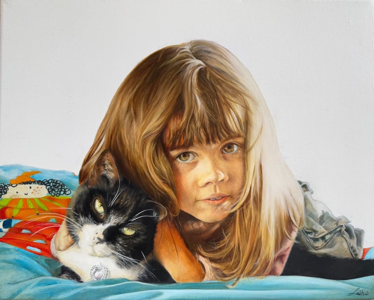 peinture animalière d'un chat et d'une enfant