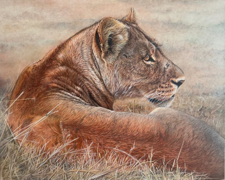 peinture animalière d'une lionne