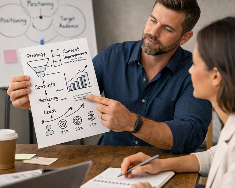 Brand strategy consultation showing a strategist explaining brand positioning, messaging, and market