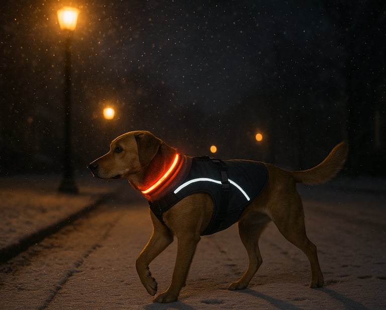 Dog wearing reflective harness and LED collar on a safe winter night walk in Burlington