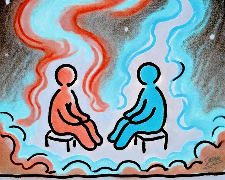 a drawing of two people sitting on a chair in front of each other