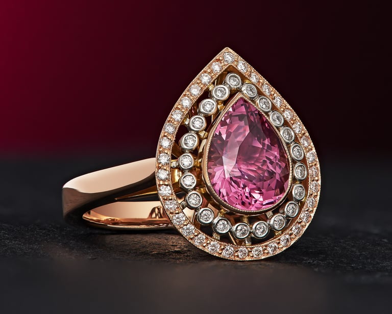 Jewellery product photography - a pink diamond ring with a pink tourmaline
