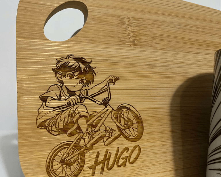 a wooden cutting board with a wooden cutting board with a boy on it