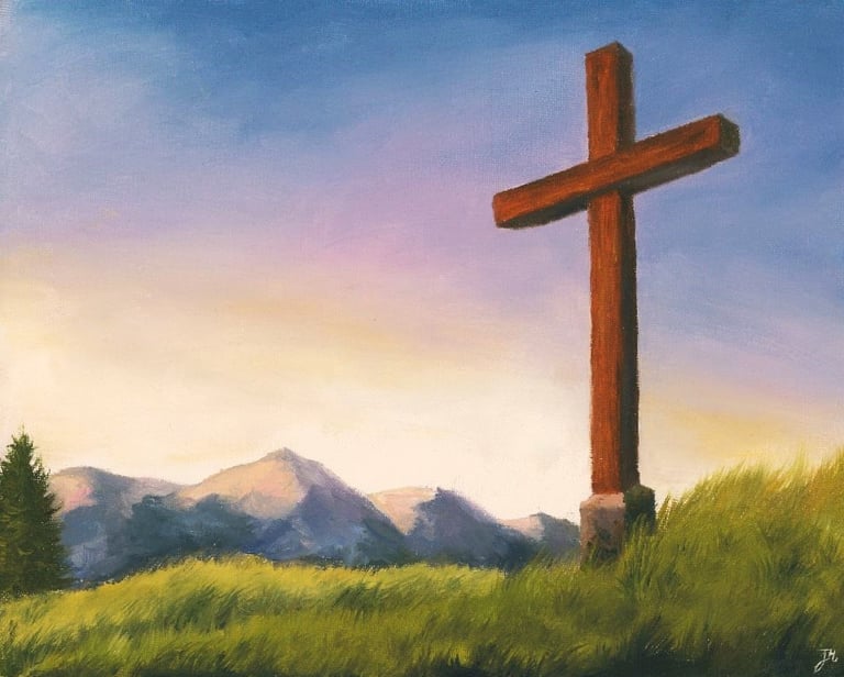 An oil painting of a cross on a hill on sunset