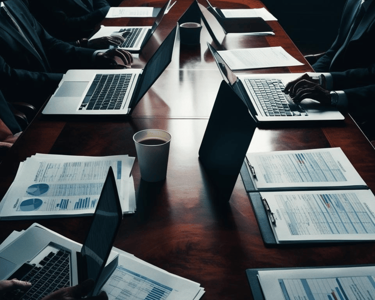 Corporate executives at boardroom table with laptops and reports, enhancing governance capability