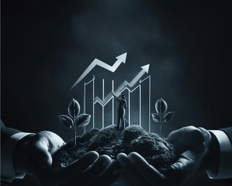 Hands holding soil with business growth charts and seedlings, representing sustainable strategy