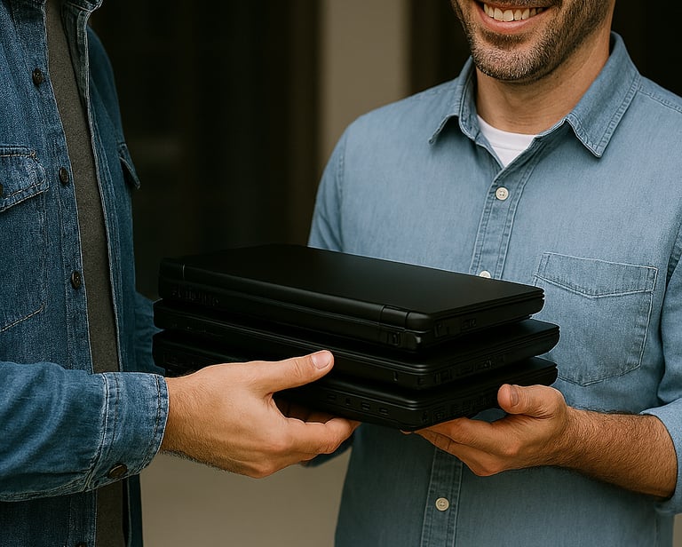A smiling man in a blue shirt accepts a donation of laptops from a business