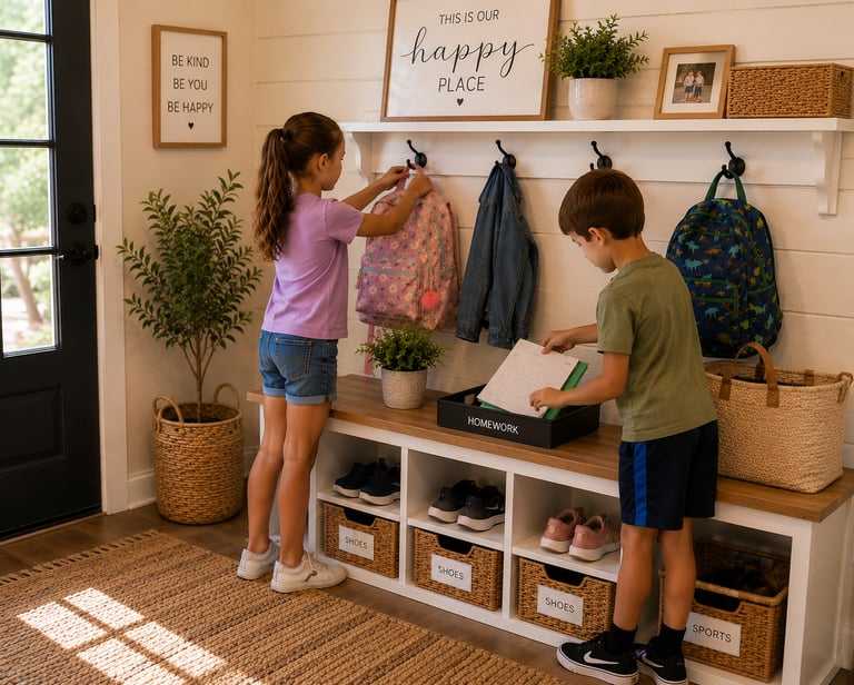 Back-to-school entryway organization with kids hanging backpacks and sorting homework in a family dr