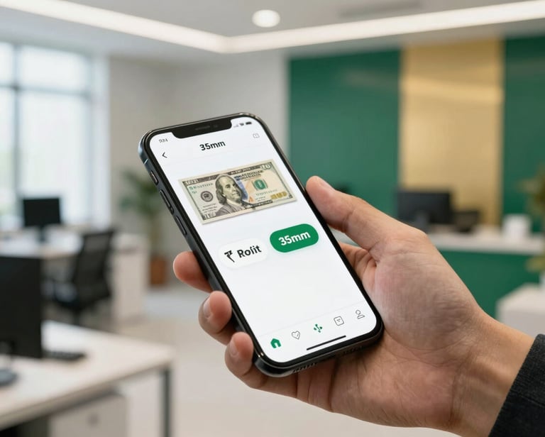 Close-up of a hand using a mobile app to convert currency, showing Pakistani Rupee and USD, in a modern, well-lit Pakistani office environment, professional corporate photography, bright office daylight, deep green and gold accents, sharp focus, editorial style, 35mm