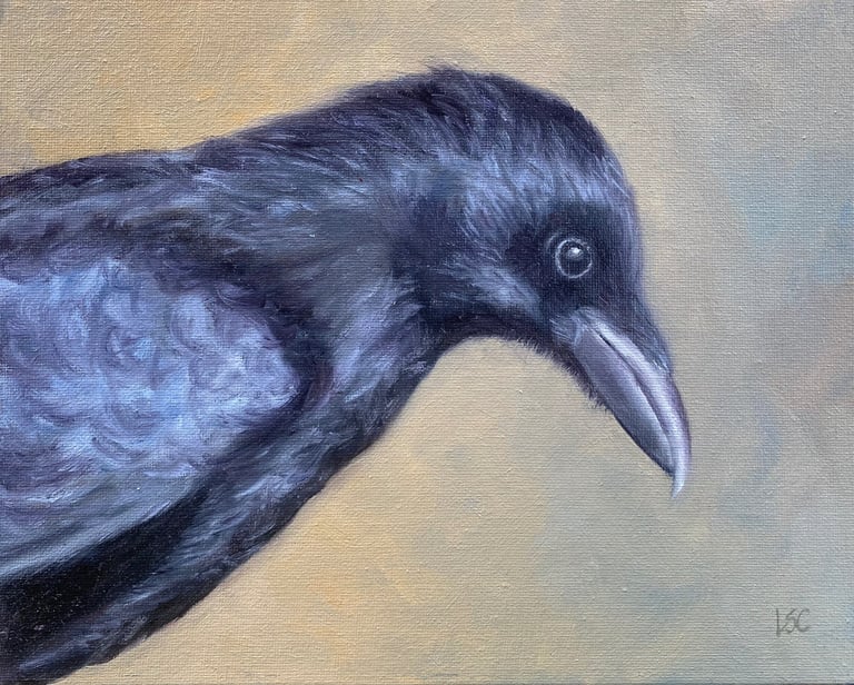 An original oil painting of a crow with side profile