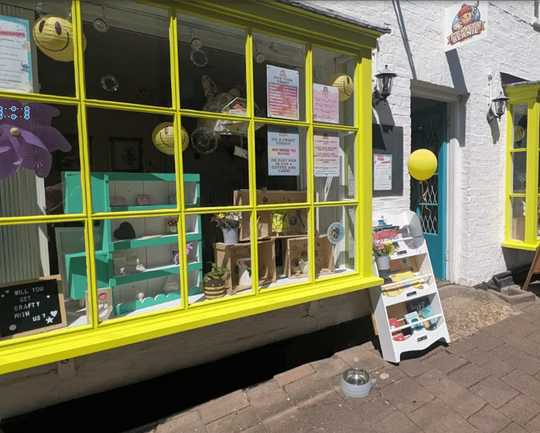 The Crafty Beanie toddler craft class studio in Saffron Walden with colourful shopfront and window displays.
