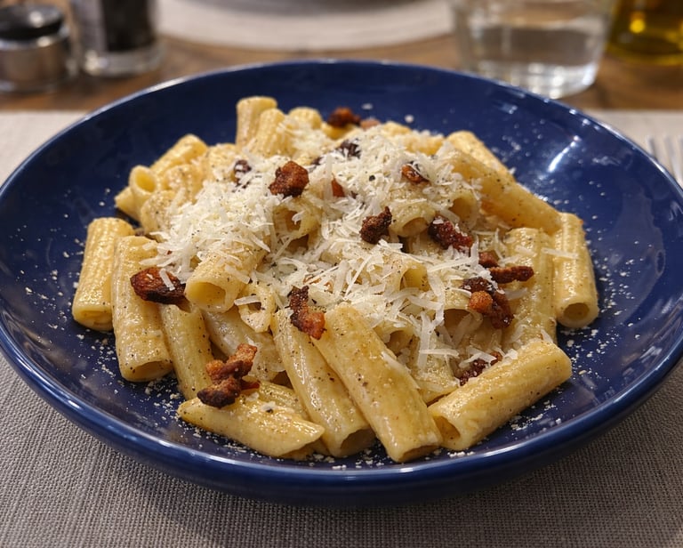 Rigatoni pasta alla gricia topped with pecorino cheese and crispy guanciale in a blue bowl.