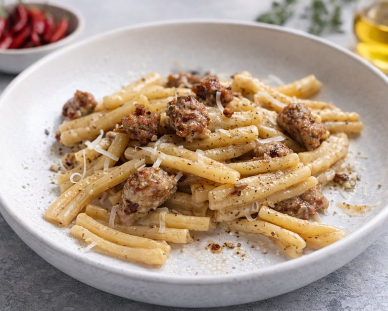 Casarecce pasta with Italian sausage with creamy gorgonzola sauce in a white bowl.