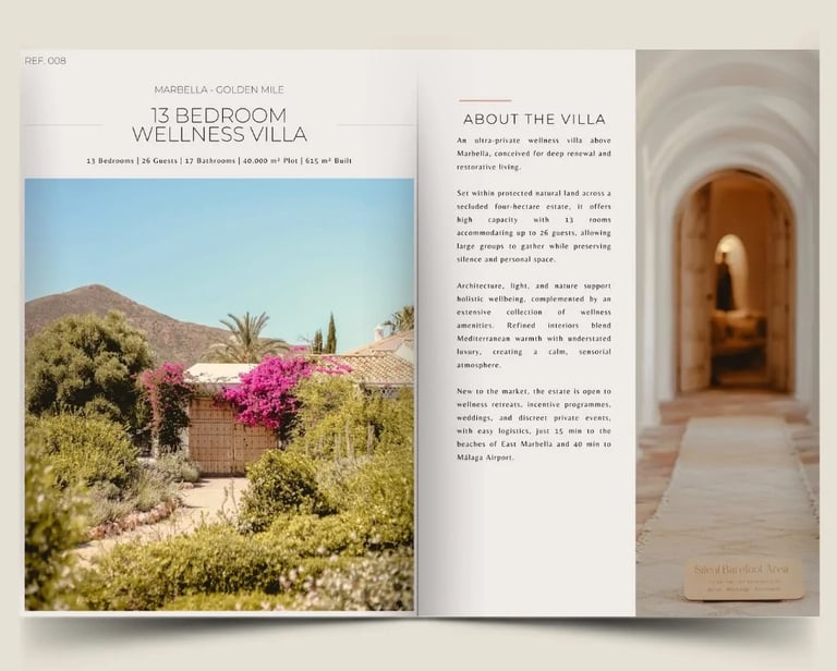 13 bedroom wellness villa brochure spread with garden and arched corridor images