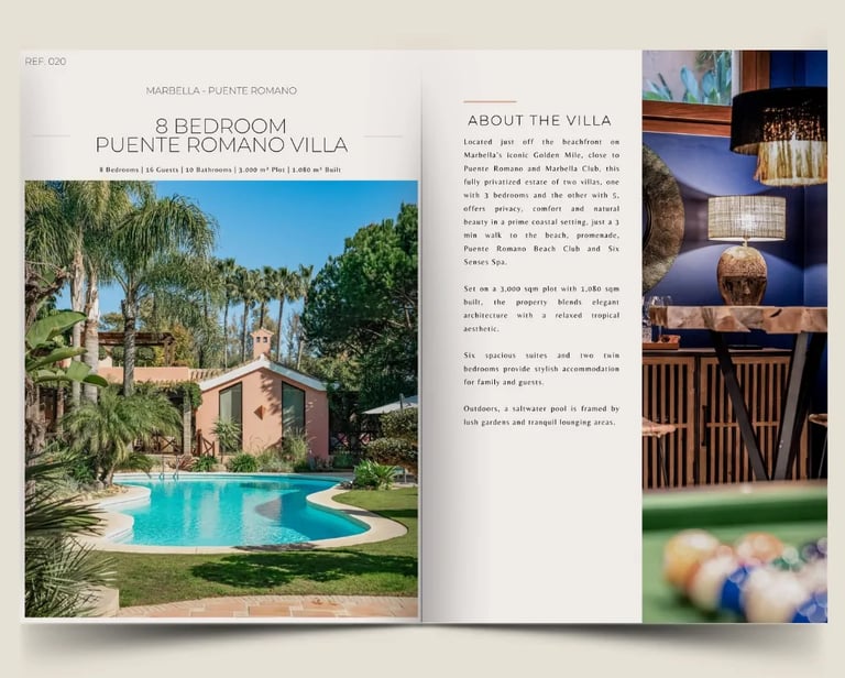 8 bedroom villa in Puente Romano dossier cover with garden and property overview