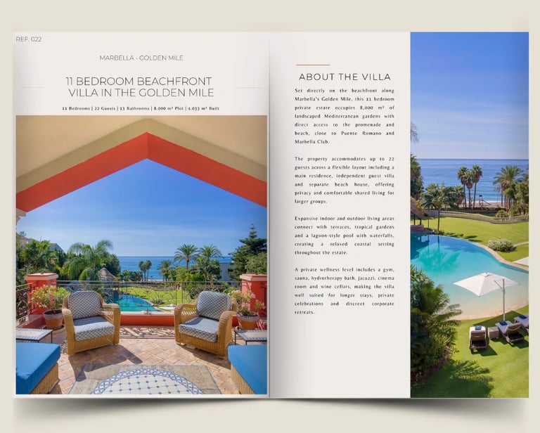 Open brochure showcasing an 11 bedroom beachfront villa on Marbella's Golden Mile