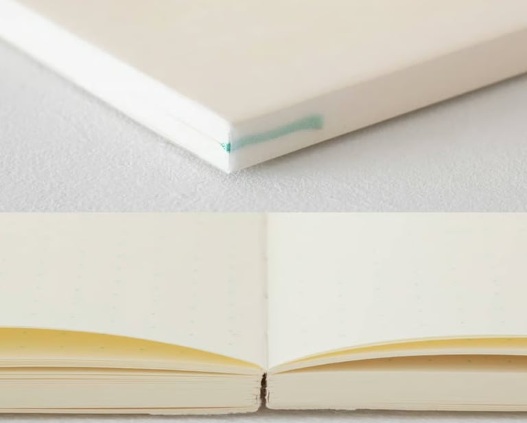 Close-up of a minimalist cream dot grid notebook with high-quality thick paper for journaling and sketching.