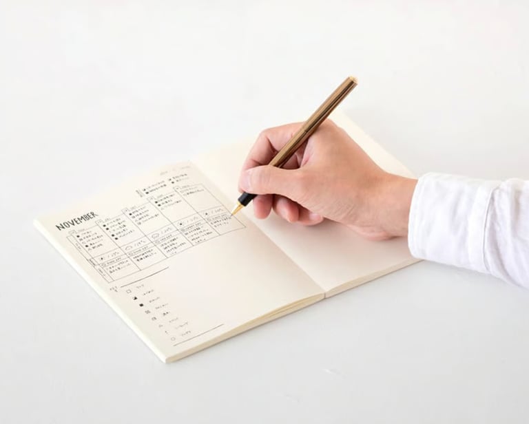 A hand writing with a gold fountain pen in a minimalist November monthly planner notebook.