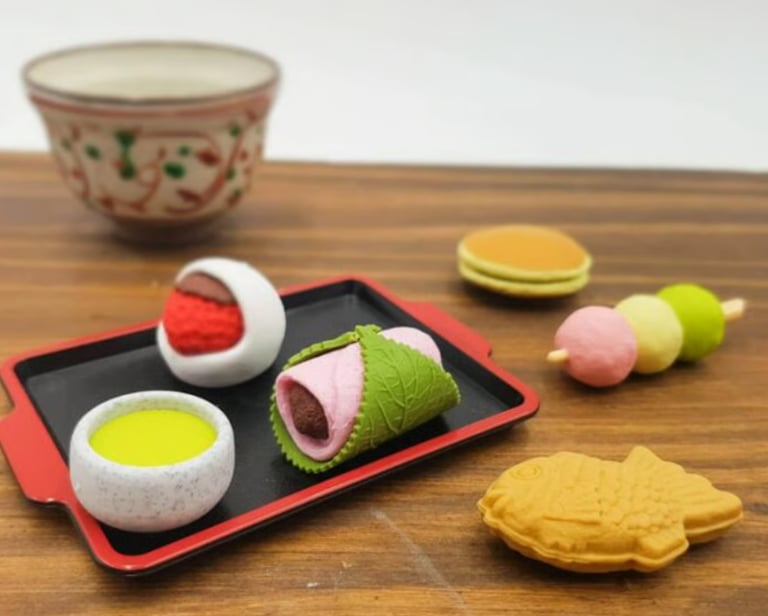 Miniature Japanese wagashi sweets erasers including dango, taiyaki, and mochi 