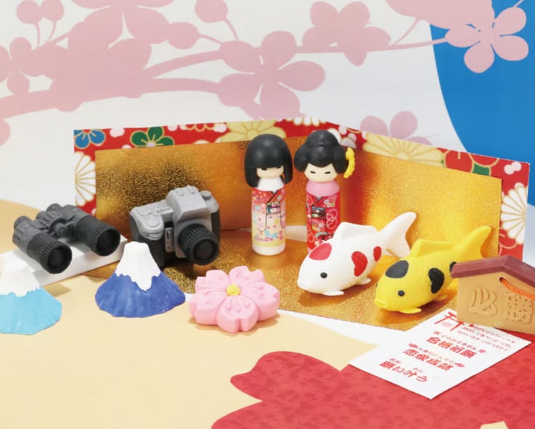 Collection of Japanese themed erasers featuring Kokeshi dolls, Mount Fuji, and koi fish.
